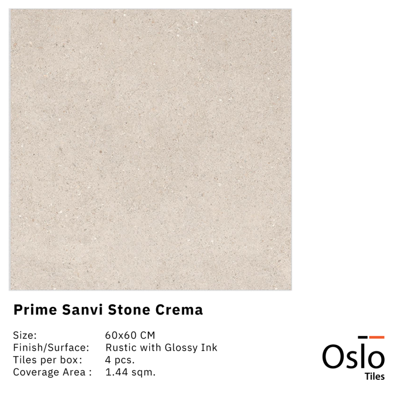 OSLO Tiles - Porcelain Tile - Prime Sanvi Stone Crema- Light Brown Color 60x60 Rustin with Glossy Ink Finish