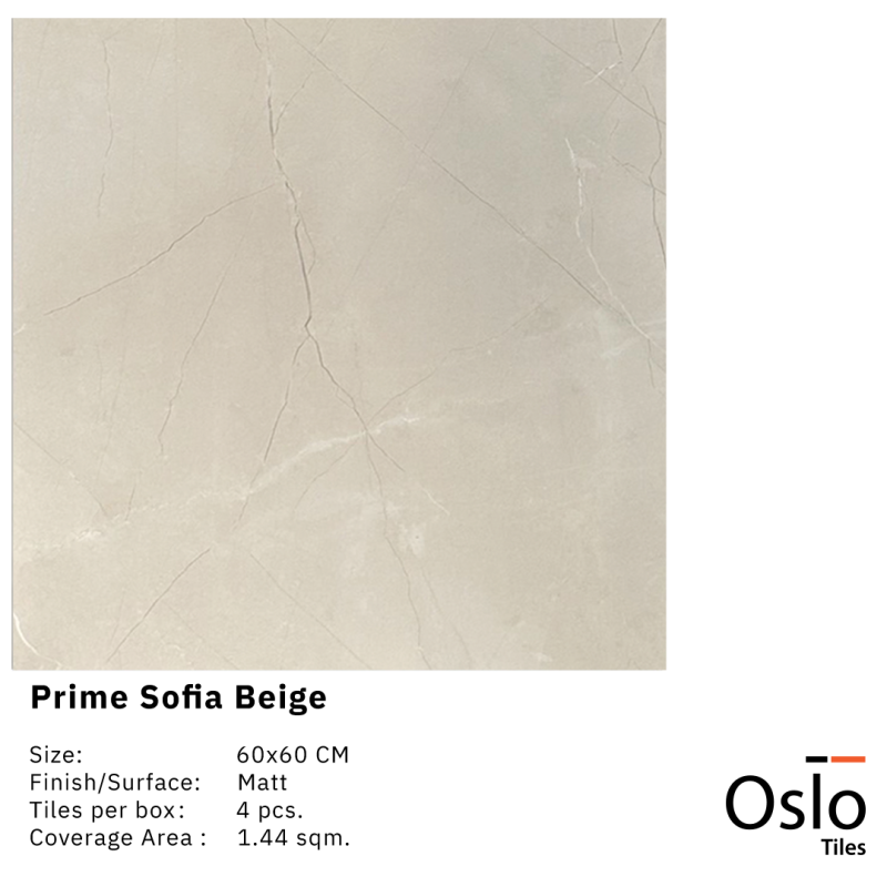 OSLO Tiles - Porcelain Tile - Prime Sofia Beige- beige marble Design 60x60 Matt Finish