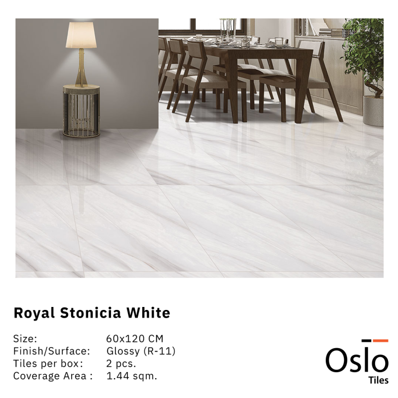 OSLO Tiles - กระเบื้องพอร์ซเลน Royal Stonicia White สีขาว 60x120 ผิวเงา (R11)